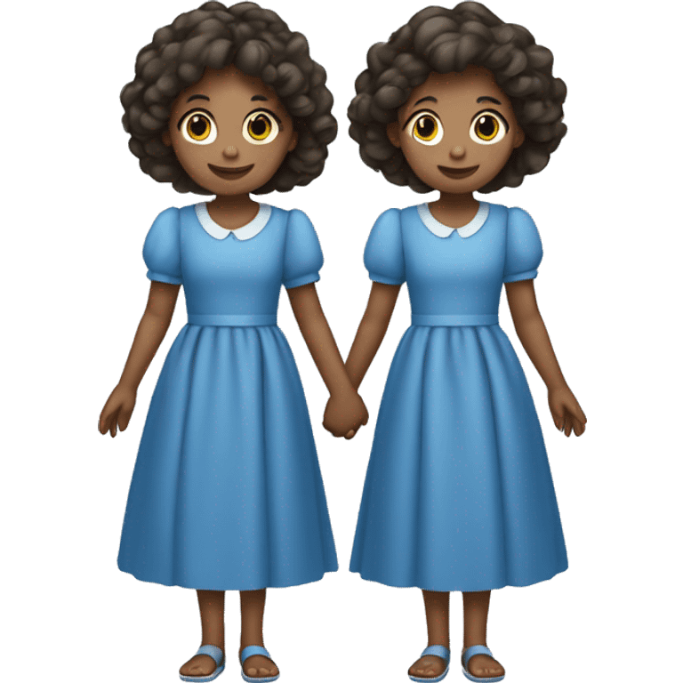 twin girls in blue frock holding hands emoji