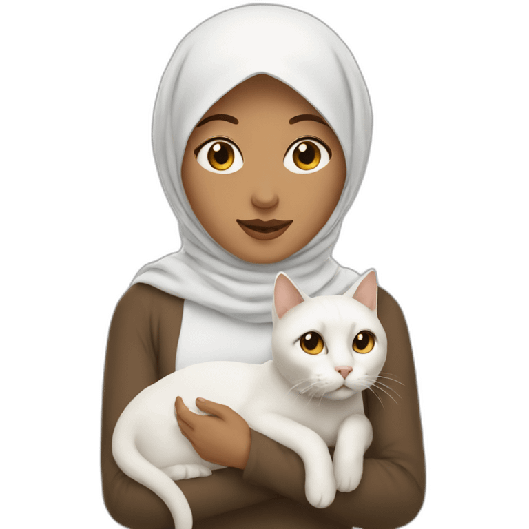 woman in brown hijab and her white cat emoji