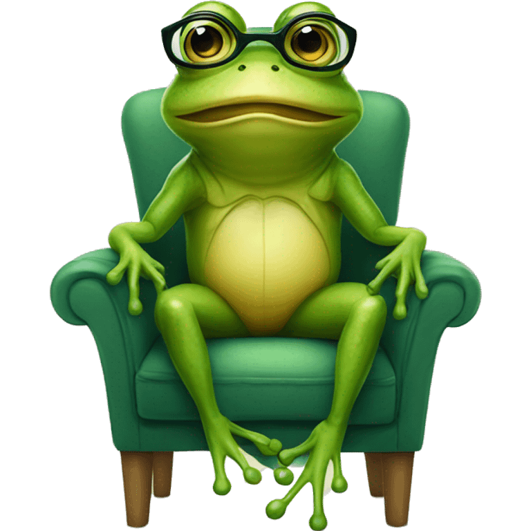 Anthropomorphic Frog wearing glasses sitting down on a chair emoji