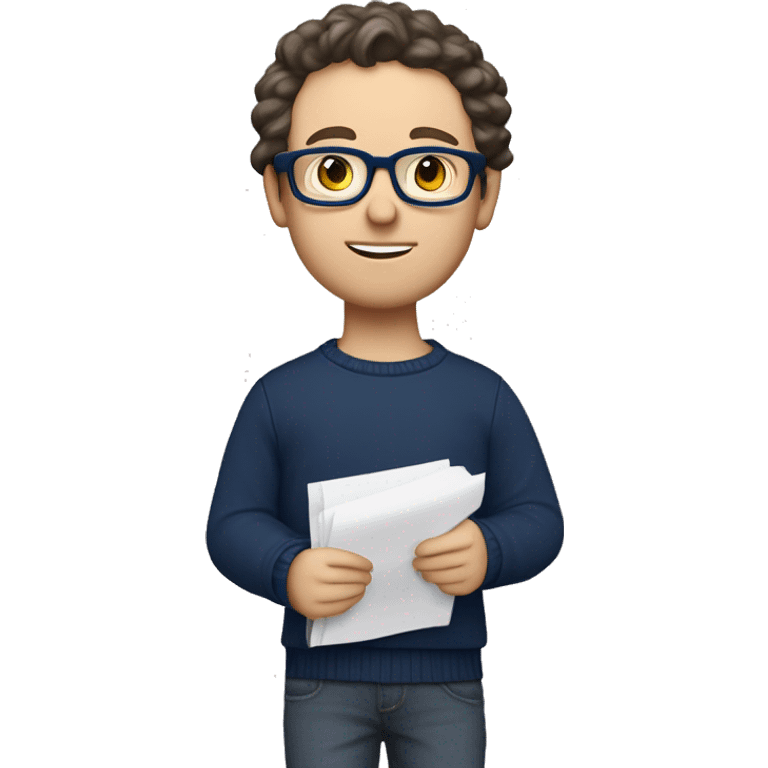 caucasian white boy with dark wavy  hair, blue glasses, and carrying design paper plan because he is an architect carrying a pencil and a set model maquette. wearing a navy blue long sleeve sweater shirt. smart.  emoji