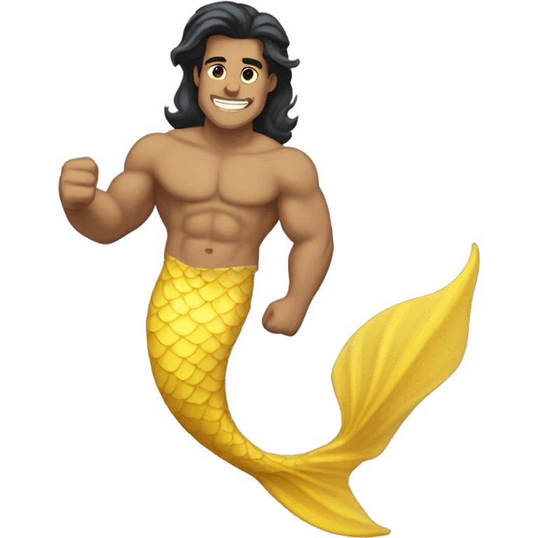 Tan muscular merman with yellow mermaid tail and dark hair emoji