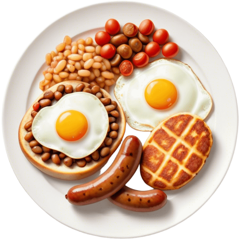 English Breakfast Cinematic Realistic English Breakfast Dish Emoji, depicted as a hearty plate featuring 2 sizzling sausages, a central serving of baked beans, 2 perfectly fried eggs, 2 sliced grilled tomatoes, 2 grilled mushrooms, and a triangle-shaped hash brown, rendered with vivid textures and warm, inviting lighting. emoji