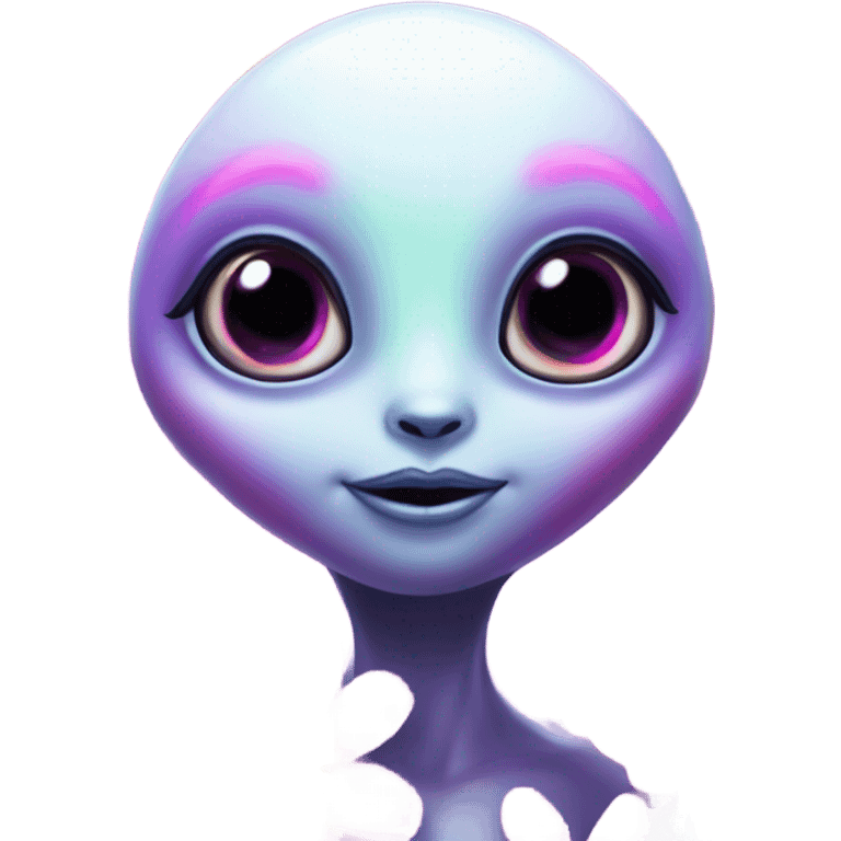 Lisa frank alien with big oval head and big black eyes with flowers emoji