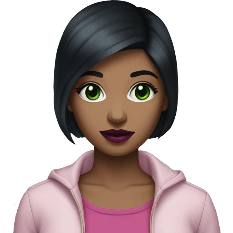 Girl with short black hair and dark green eyes with dark pink lipstick emoji