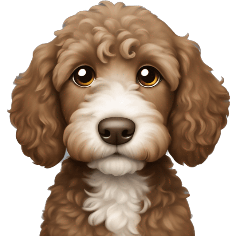 Brown Labradoodle puppy with white patch on tummy brown face and a collar that says “moose” emoji