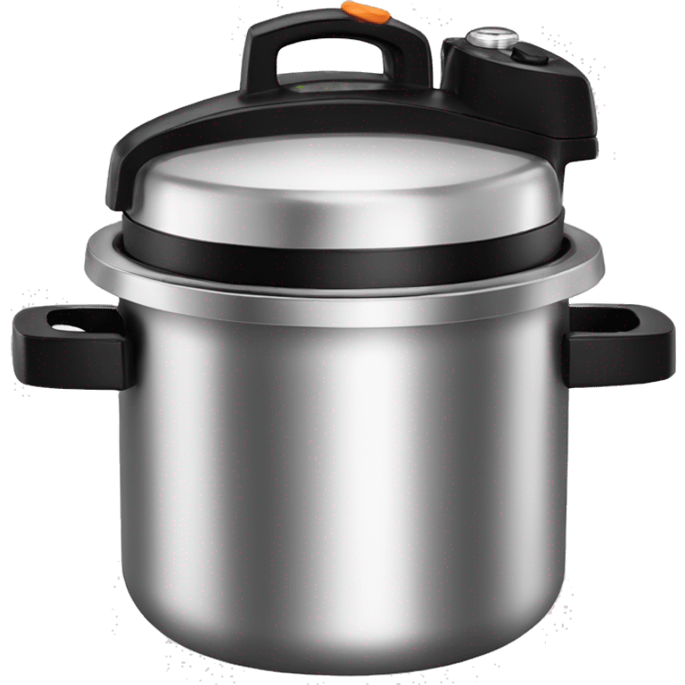 Stainless steel pressure cooker, with black gights, 3 black clamps on the cover,  on the knob emoji