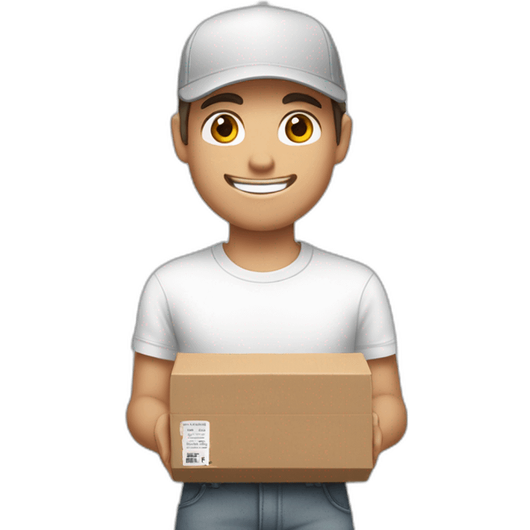 Pale skinned fit Man with dark brown hair in a white cap, gray jeans and gray polo T-shirt keeping a pasted box into his hands emoji