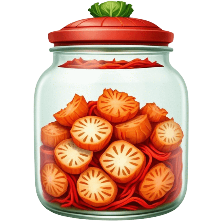 Kimchi Cinematic Realistic Kimchi Dish Emoji, depicted as spicy, fermented cabbage with vibrant red hues neatly served in a traditional jar, rendered with dynamic textures and bold, appetizing lighting. emoji