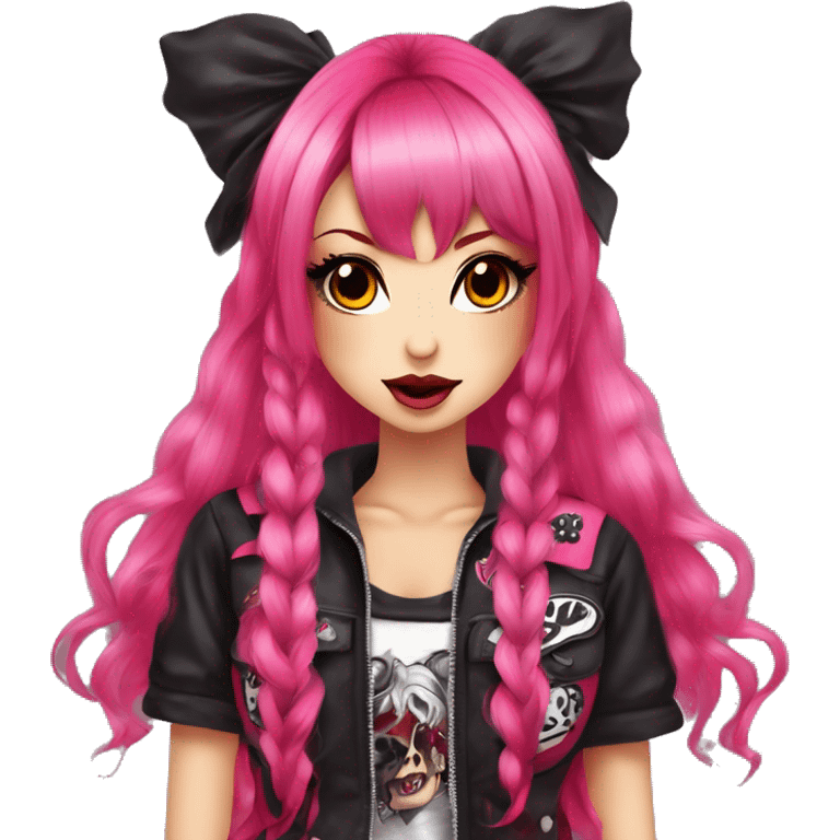 hime gyaru girl, hot pink and red split-dyed hair, dark makeup, punk clothes emoji