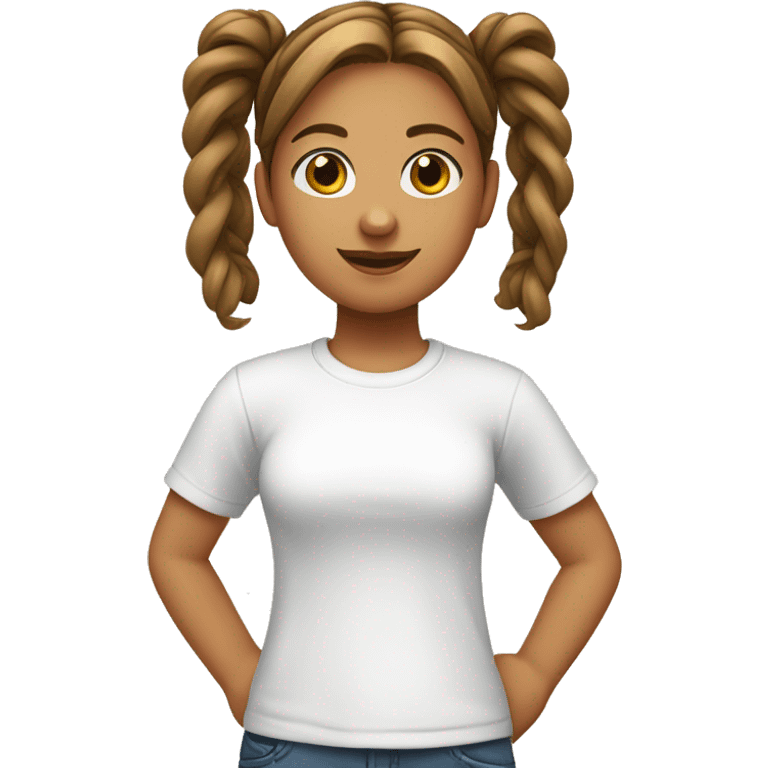 A girl with brown wave pigtails wearing a white T-shirt emoji