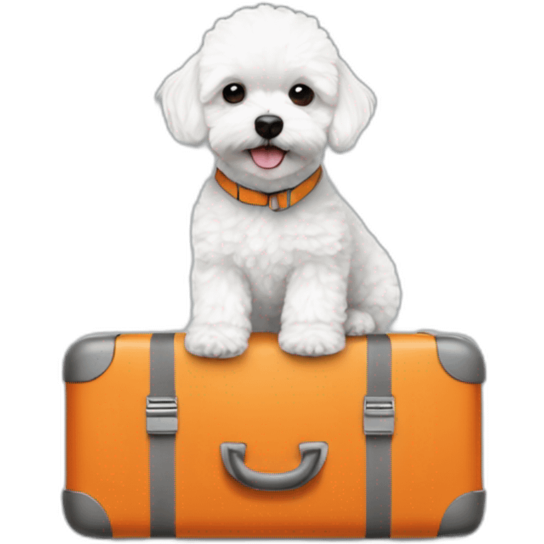 a white maltipoo with orange luggage next to him emoji