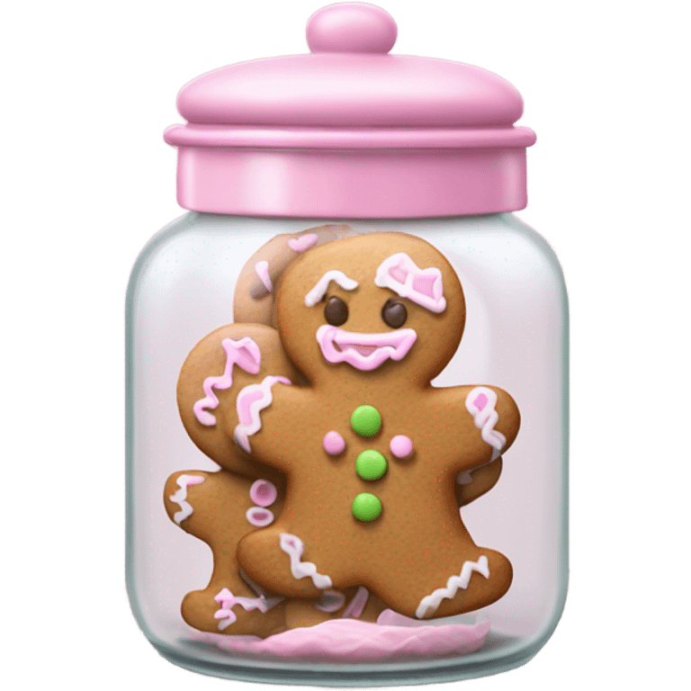 Realistic glass cookie jar with light pink lid full of gingerbread cookies isolated.  emoji