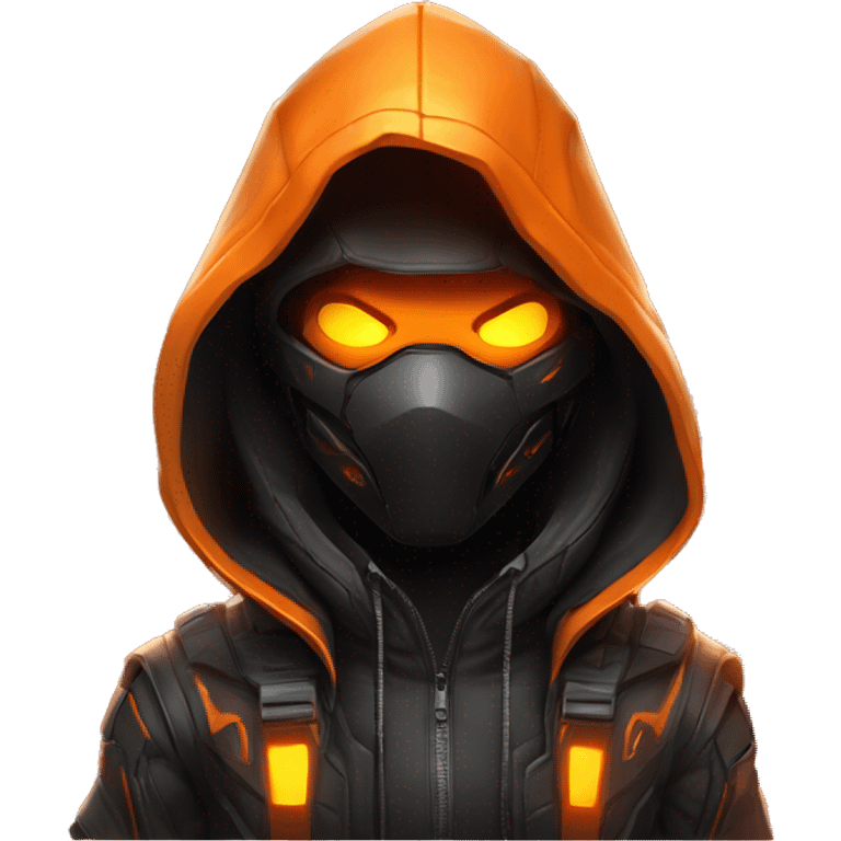  developer behind his laptop with this style : crysis Cyberpunk Valorant orange glowing bright orange character orange black hooded assassin themed character emoji