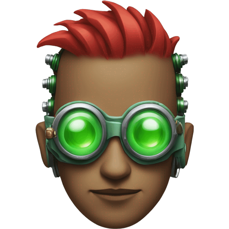 Male cyborg with thin red Mohawk and green steampunk goggles emoji