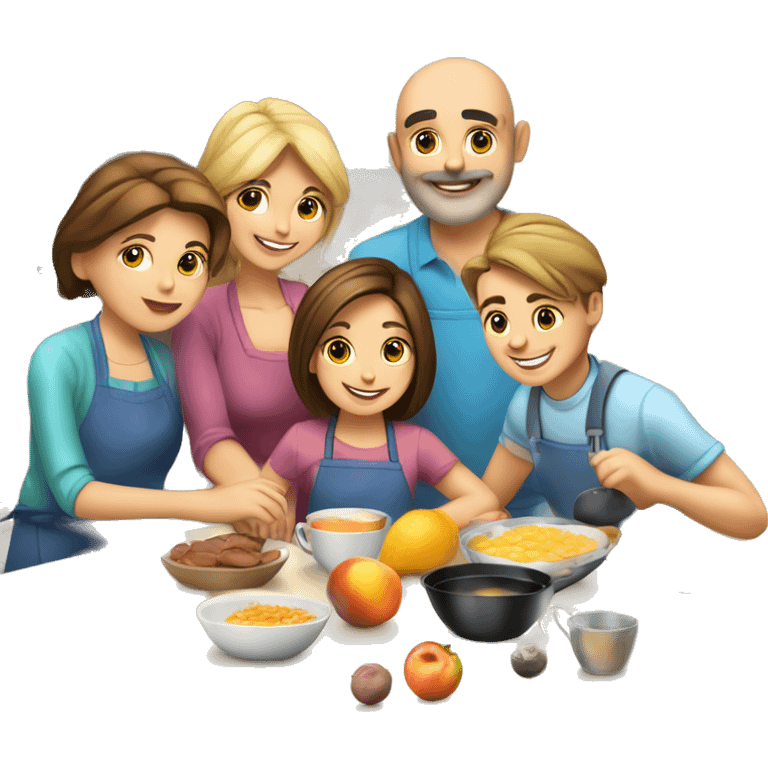 6 caucasian family members preparing breakfast at kitchen  emoji