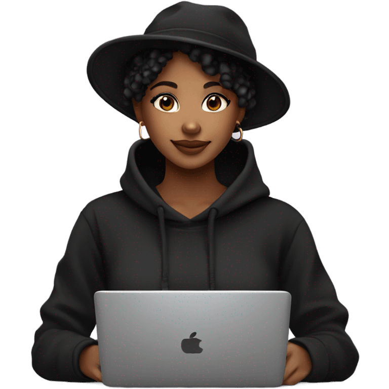 pretty african american girl with black hat and black sweatshirt hoodie pixie cut with laptop emoji