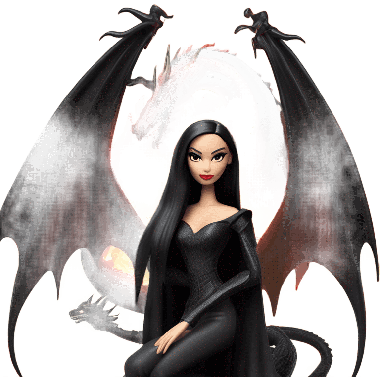  beautifully dressed teen Morticia Addams Barbie Jedi flying on the back of a very large black shiny evil-looking fire-spewing dragon. proper scale emoji