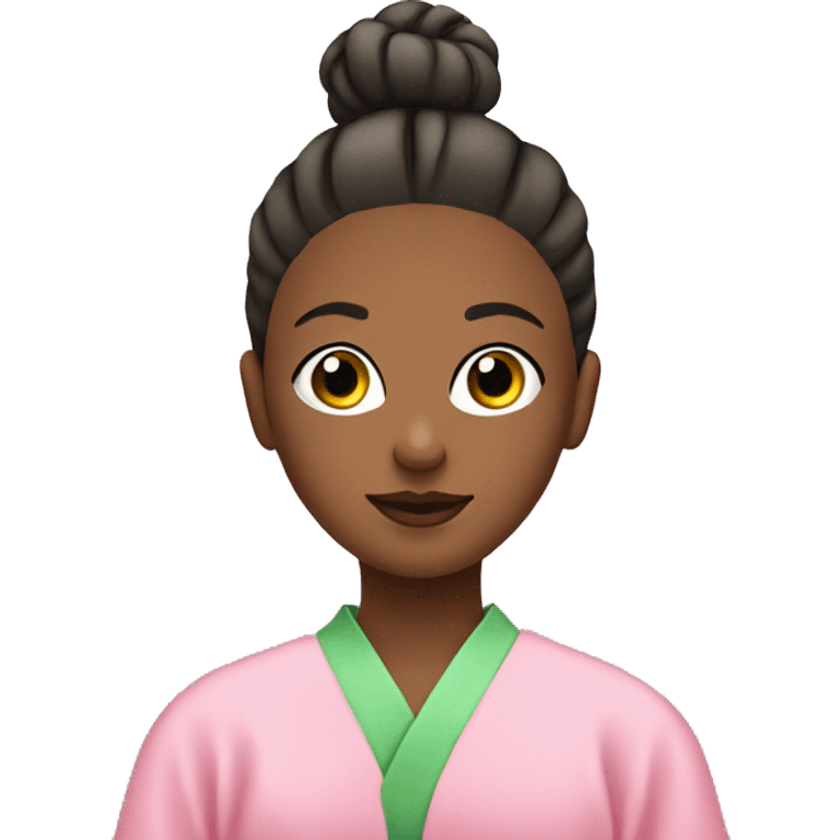 Girl with a bun and a pink robe with a green face mask on emoji