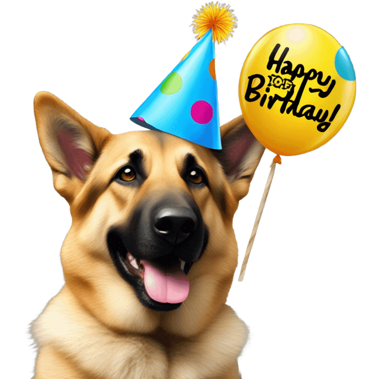 Blonde and black German shepherd with a party hat and a sign that says Happy Birthday To Me emoji