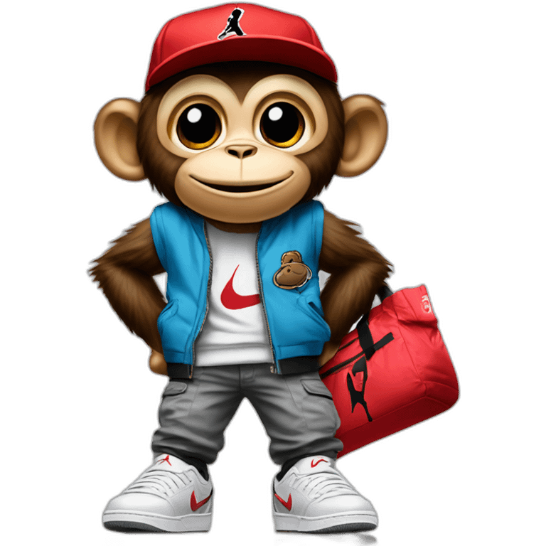 Monkey wearing Jordan 4 on its  feet  with a bunch of Nike clothes  with a Nike hat emoji