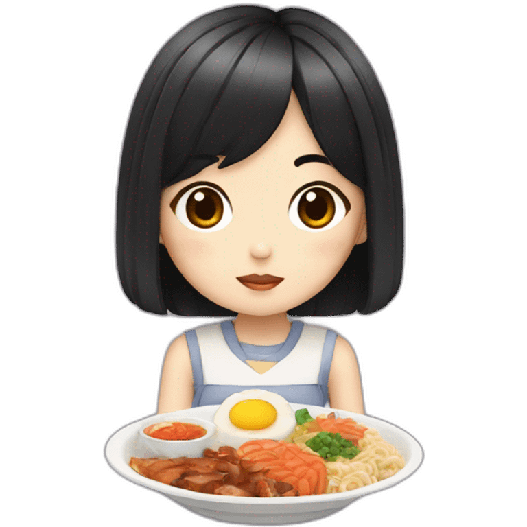 a girl with a black square hairstyle sits and eats Korean onigiriKorean goodies emoji