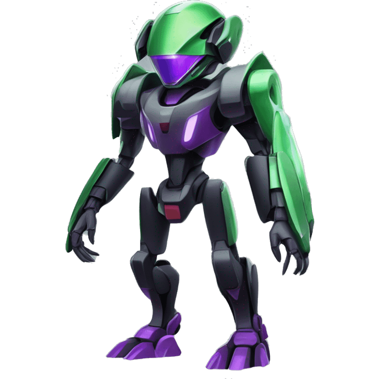 a shiny black-green-purple Genesect-Raptor-Fakémon-Medabot-hybrid with a futuristic visor-helmet full body emoji