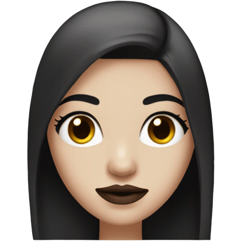 girl with white skin and brown straight straight hair , black black black eyes with eyelashes, black eyebrows red lips,  emoji