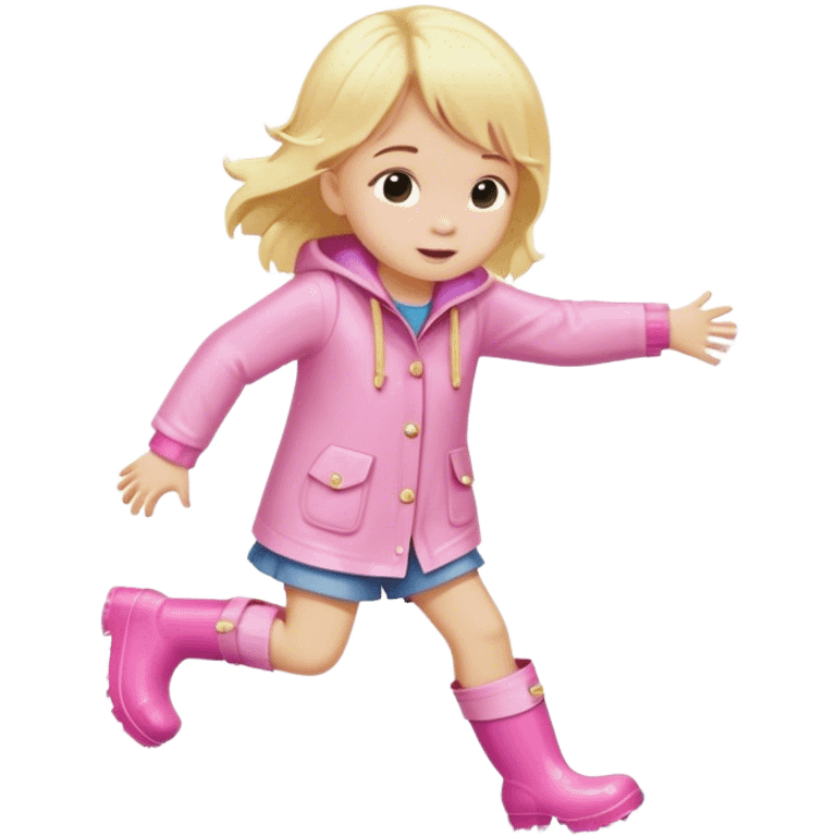 Blonde little girl in light pink rain boots splashing in puddle emoji