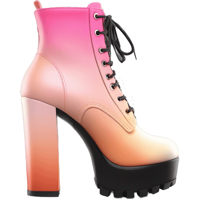 Hyper Realistic isolated top front view of a pair  of peach,pink and black ombre chunky heel zippered ankle bootie boots. emoji