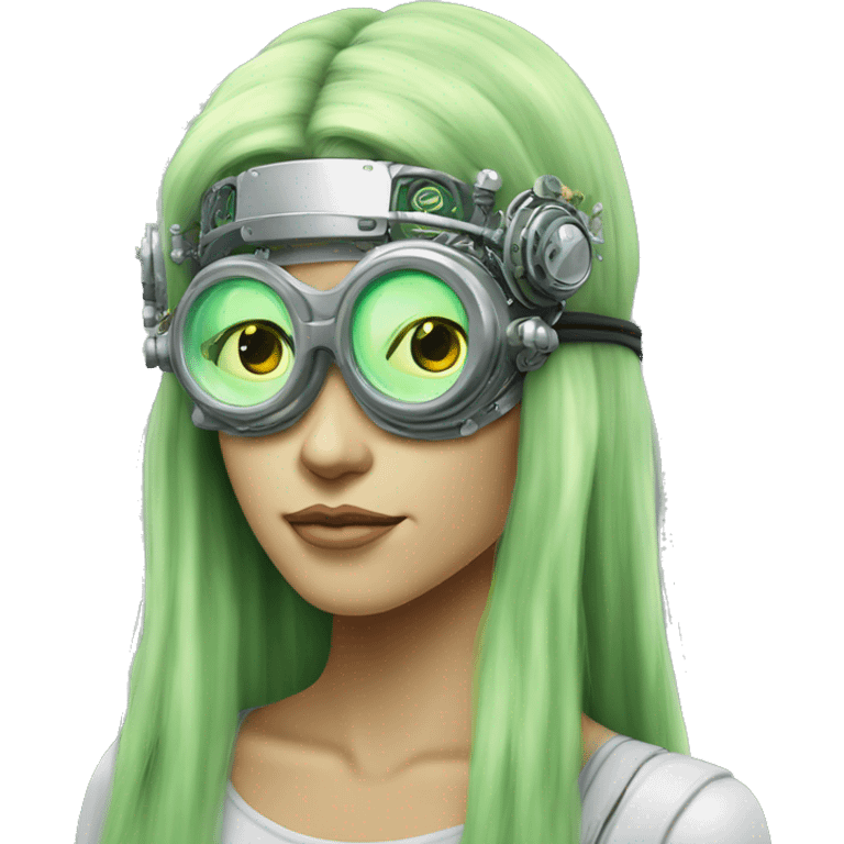 Light green long hair female cyborg head with silver steampunk goggles as a headband, circuits emoji