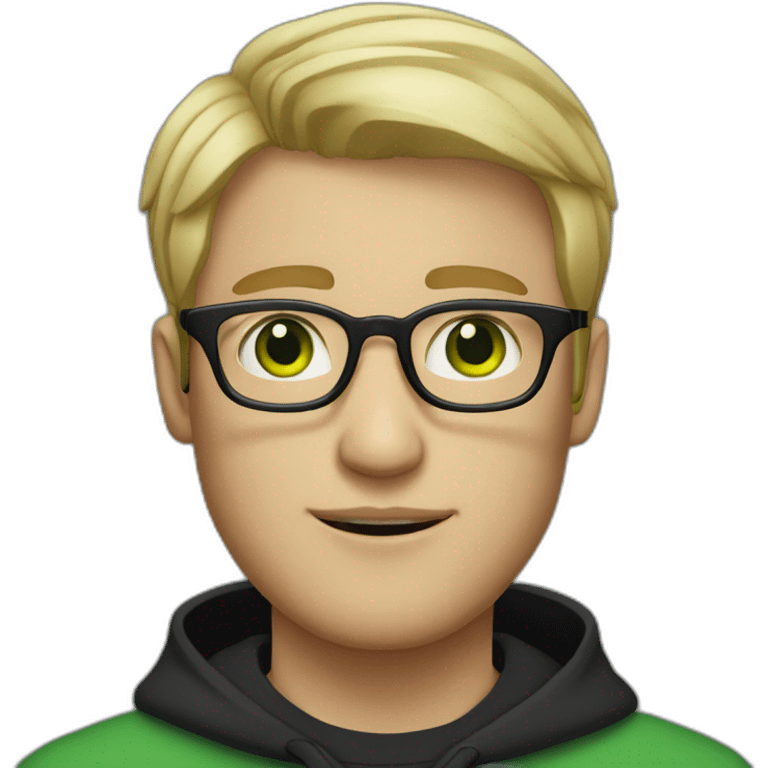 A blond short haired man with green eyes and a black sweatshirt with clear glasses emoji