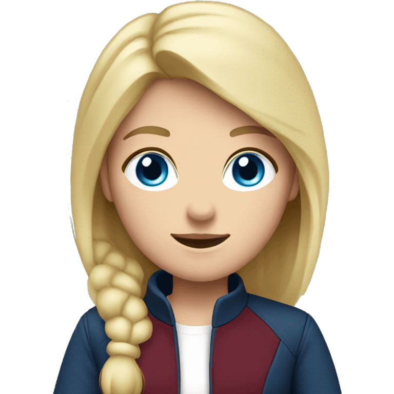 An adult girl, blue eyes, straight blond hair, dark blue jacket, burgundy shirt. emoji