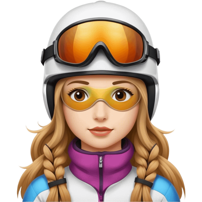 Skiing girl with long hazel hair, ski helmet, ski goggles , ski and ski boots emoji