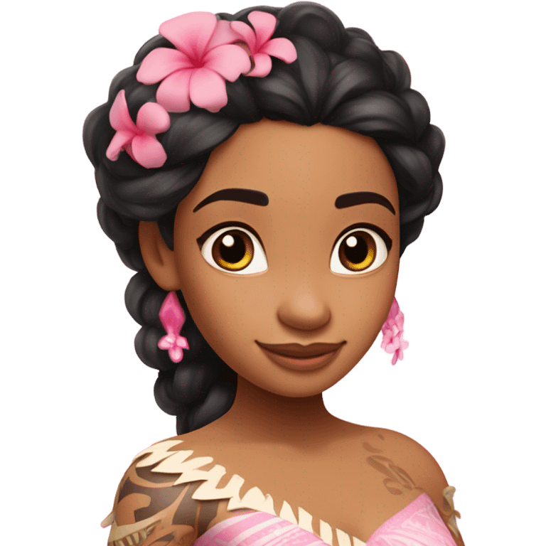 princess moana wearing a rococo pink dress with a pink Hawaiian flower in her hair emoji