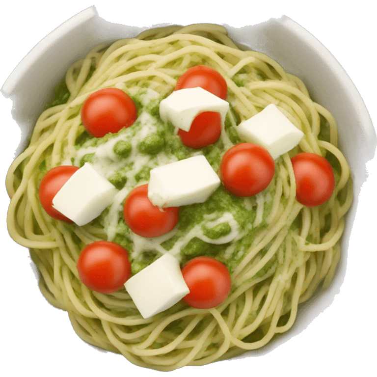 A big bowl with spaghetti with green pesto with mozarella and tomato  emoji