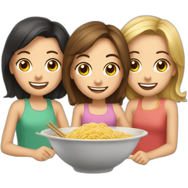 Three girls sharing a bowl of noodles emoji