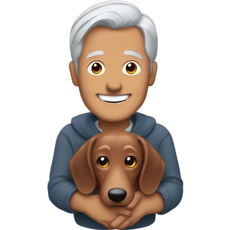  man with grey hair smiling holding a dachshund in his arms emoji