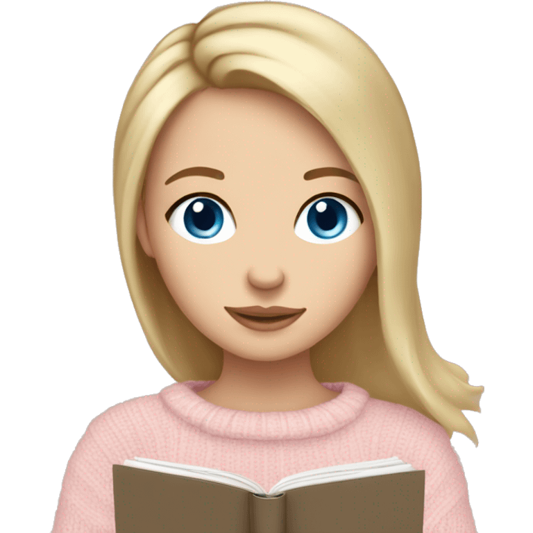 Pretty blue eyed white girl with light pink sweater and dark blonde hair reading cozy emoji