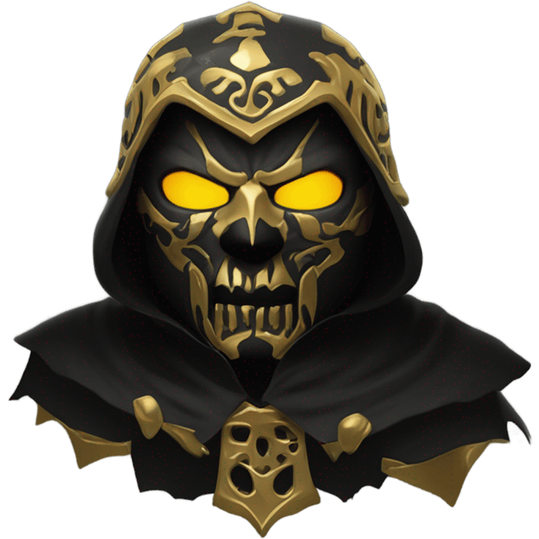 Bounty Hunter Boss with black cape and a perfect gold skull jaw mask from death Stranding, full body front and back emoji