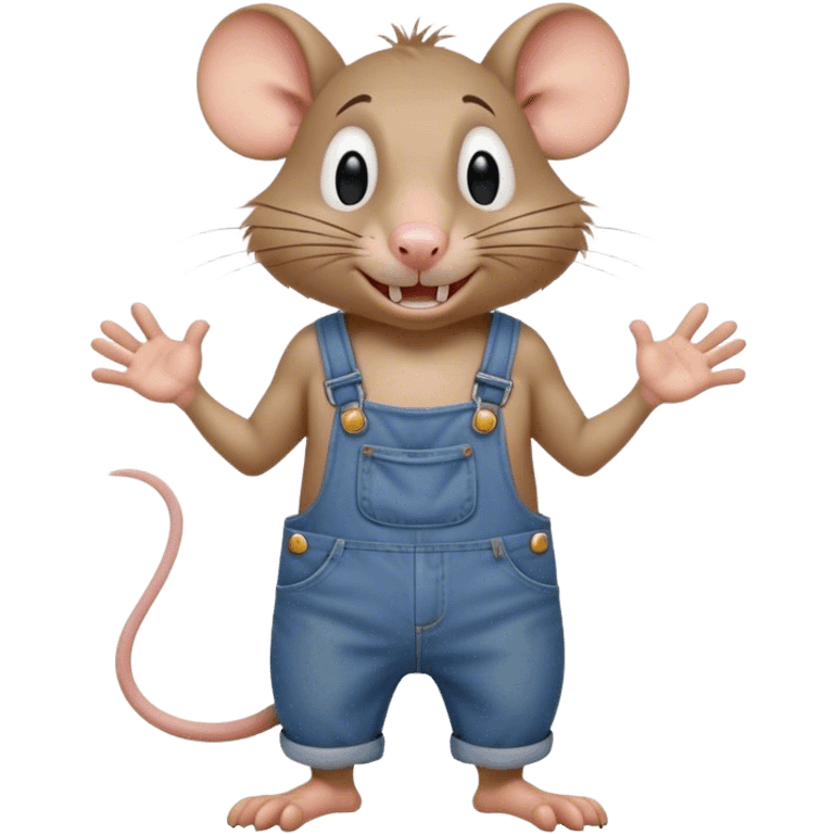 Not smiling.  disheveled dizzy cartoon hillbilly rat wearing overalls no shirt. standing and talking full body. human eyes. teeth showing talking. walking talking moving arms. reacting upset emoji