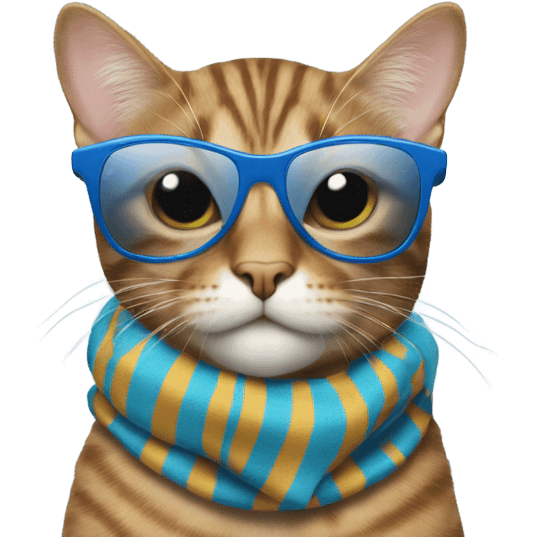 Tabby cat wearing sunglasses wearing blue striped scarf emoji