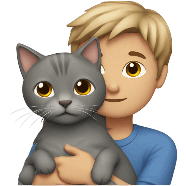 straight hair light brown boy cuddling a grey cat emoji