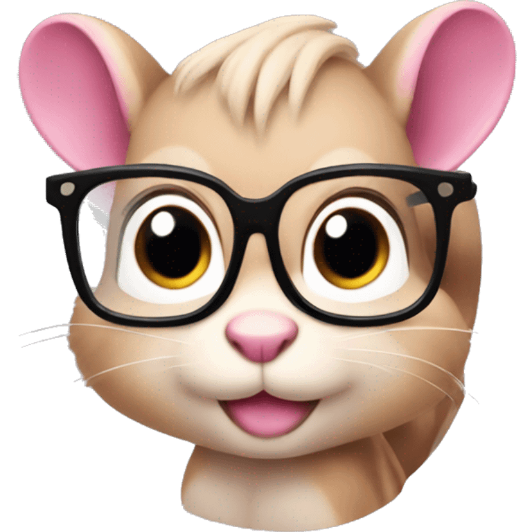 Pink chipmunk with long black hair and clear glasses emoji