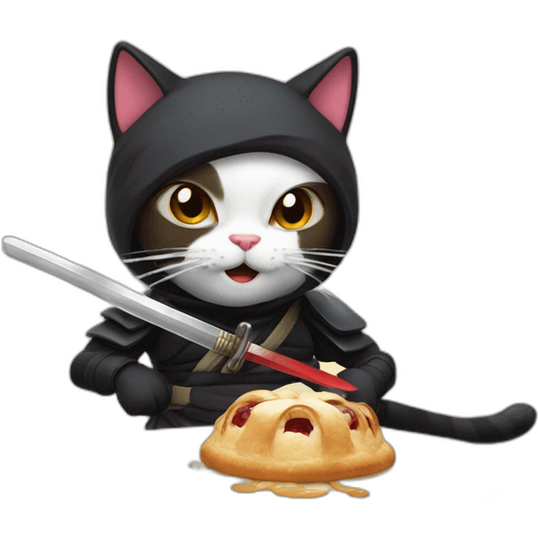 Ninja cat cuts pastry with  katana emoji