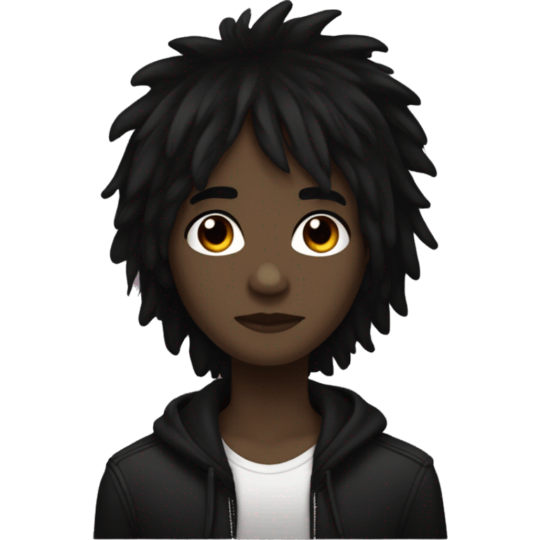 darker skin, brown eyes, black layered shag hair, emo emoji