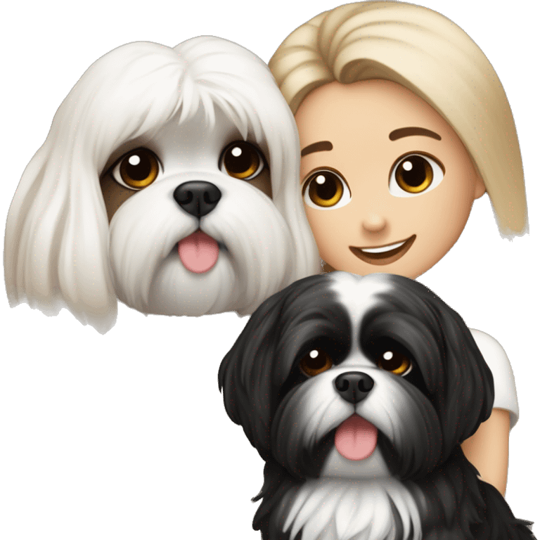 A couple, one very beautiful girl with very long volume hair brown and blond and one boy with perfect hair that hugs her and also hug two black and white shih tzu and they are in love  emoji