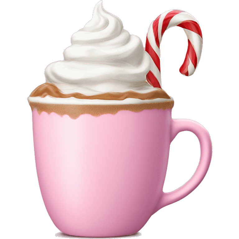 Coffee drink in pink mug, steaming, whipped cream, candy cane,   emoji