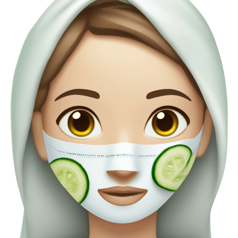 Girl with freackles Brown hair white skin and blue eyes wears Green colored texture skin care mask all over her face while She relaxes and puts two round piece of cucumber on her closed eyes In a white Robe emoji