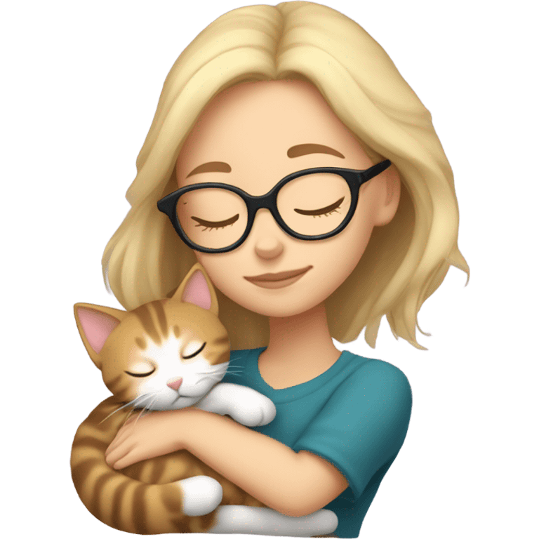 blonde girl with glasses sleeping with calico kitty emoji