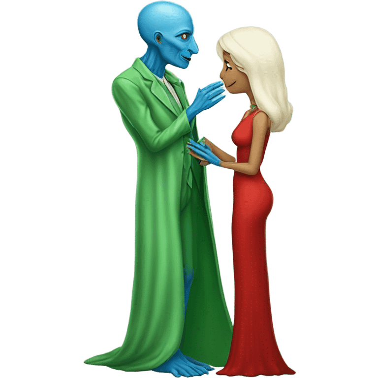 Beatiful tall blue skin woman extraterrestial reptilian 47 years old in red dress, kissing white man in green dress, full figure, full body emoji